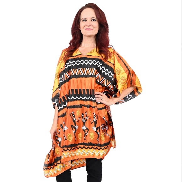 CARESSA ORANGE ETHNIC MIX SHORT BELOW KNEE S- 3XL LOUNGE COVERUP DRESS KAFTAN - Picture 3 of 8
